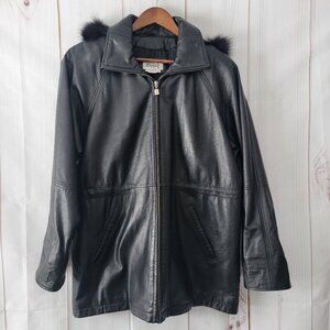 Blushe By Spiegel Classic Vintage Black Leather Jacket w/ Removable Fur Trim EUC